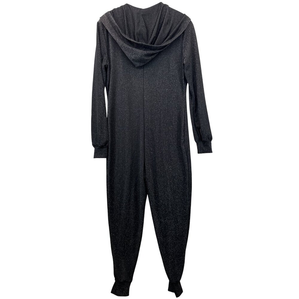Savage X Fenty Jumpsuit Sz M Black Metallic Zip-Up Hooded LoungeWear Cozy Modern